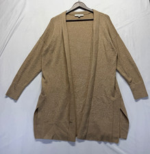 Loft Cardigan Sweater Womens Medium Tan Acrylic Side Slits Tight Knit Open Front