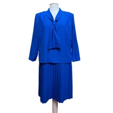 Vtg 90s Diane Roberts Royal Blue Pleated Dress Sailor Modest Office Career Sz Lg