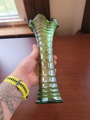 Pretty Green Imperial Carnival Glass Ripple Vase 11 3/4" Tall