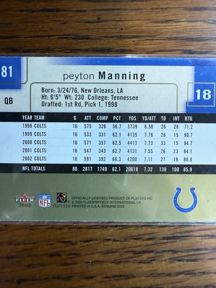 2003 Fleer Genuine Insider #81 Peyton Manning Indianapolis Colts - Image 2 of 2