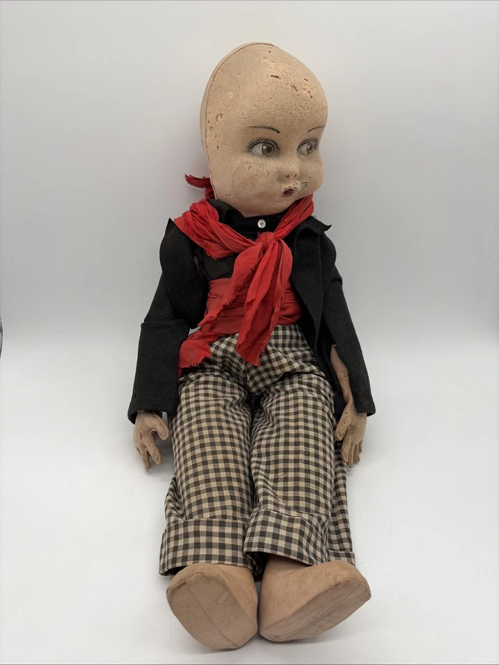 Poupée Ancienne Tissu Dur Vintage Costume Vichy À Restaurer Collection - Photo 2/4