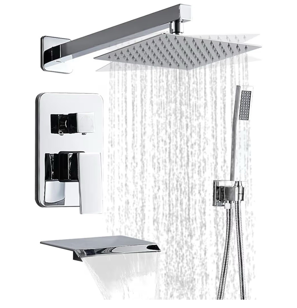 Shower Faucet Set Valve with Tub Spout and 12" Rainfall Shower Head Wall Mounted