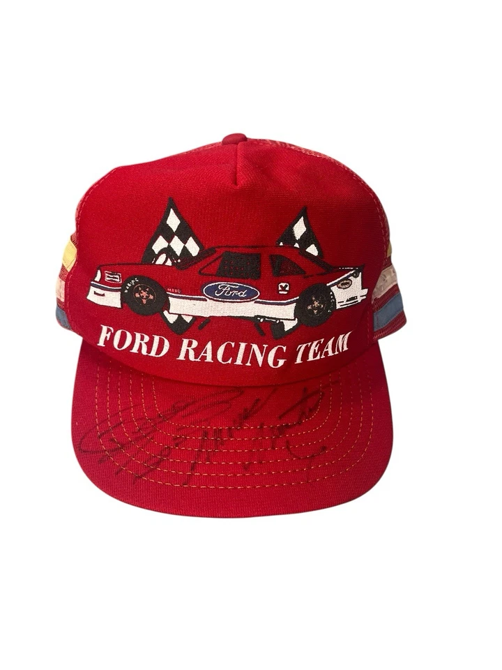 Rare Vintage 3 Stripe Ford Racing Team Hat Signed By Bill Elliot And Mark Martin - Image 2 of 4