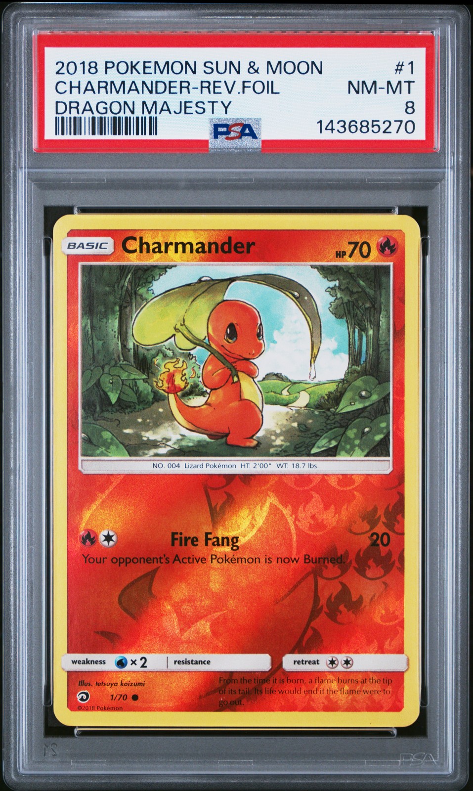 2018 POKEMON SUN & MOON DRAGON MAJESTY #1 CHARMANDER-REVERSE FOIL PSA 8