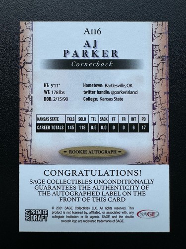2021 Sage Premier Draft - Autographs #A116 A.J. Parker (AU, RC) - Picture 2 of 2