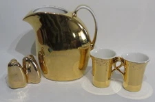 Hall China Co. Golden Glo 22K Gold 8 Cup Water/Juice Pitcher/2 Cups/S&P Shakers