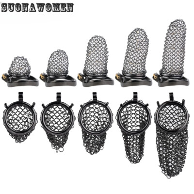 Black Metal Mesh Chastity Cage with PU Belt Circles Design Lock Ring Anti-Escape