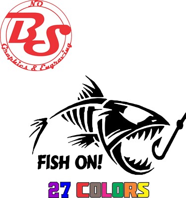 6'' Fish On Skeleton Hook Fishing Vinyl Decal Lake River Ocean Salt Water noBS