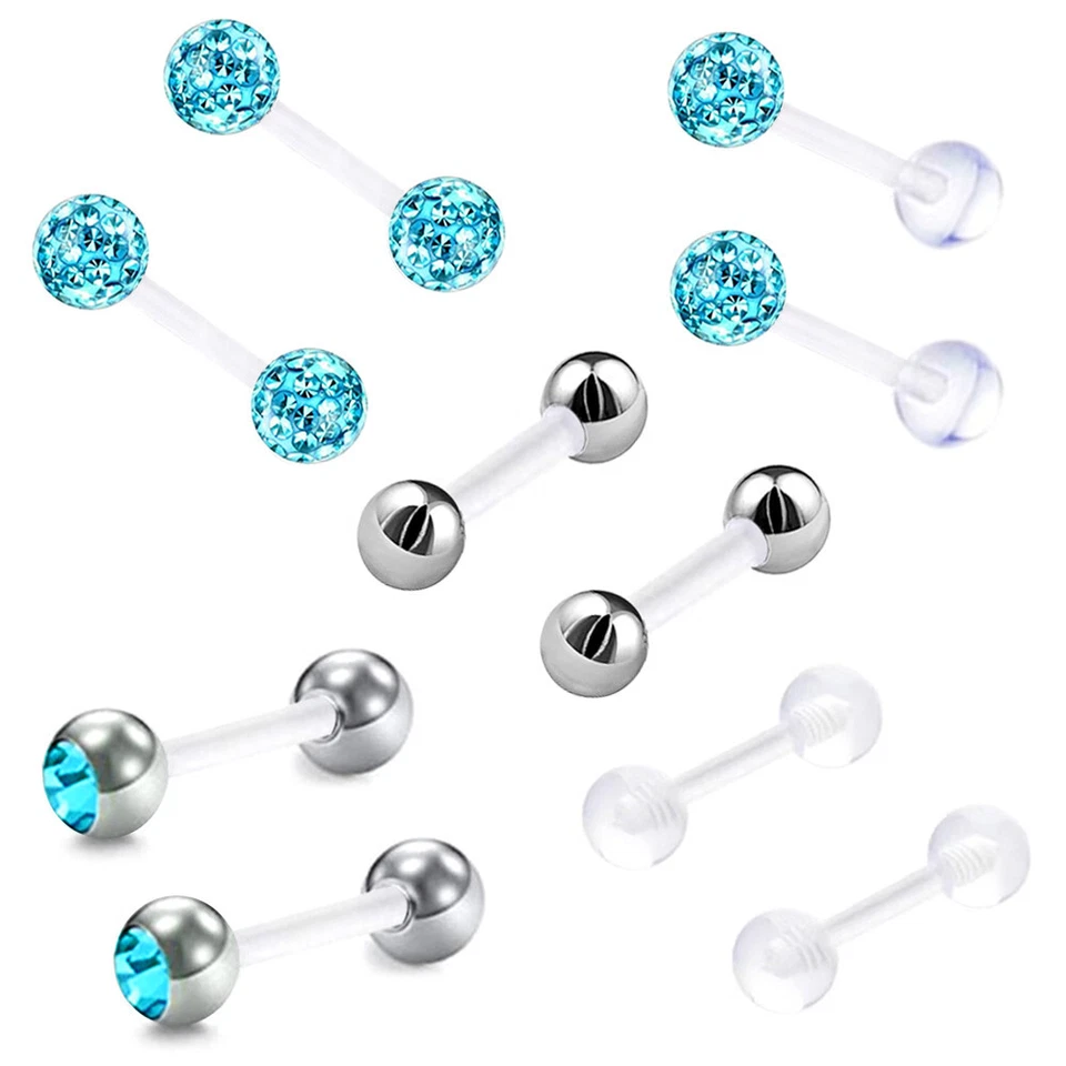10pcs Acrylic Crystal Ear Stud Cartilage Tragus Bioflex Bar Barbell Piercing Set Foto 4 de 4