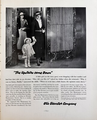 1935 Otis Elevator Company Original Print Ad The Upstairs Came Down Little Girl