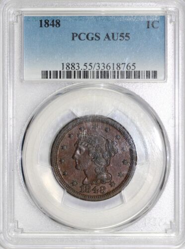 1848 1c N-13 Braided Hair Large Cent PCGS AU 55 - Picture 3 of 5