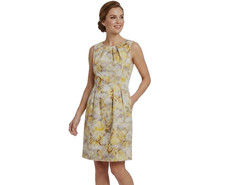 Eliza J A-Line Dress Sz 10 Yellow Gray Print Sleeveless Round Pleated Neck Lined