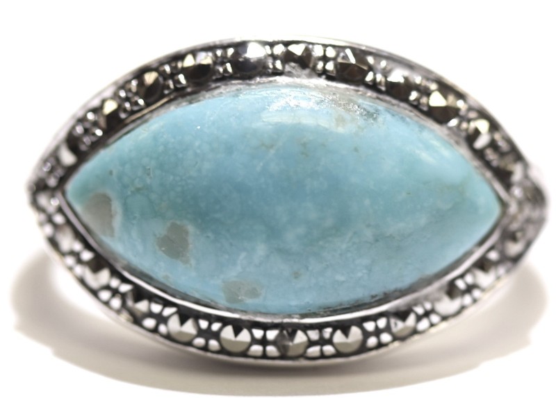 925 sterling silver natural Blue turquoise gemstone ring 7g marcasite eye band