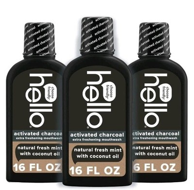 3 Hello Activated Charcoal Extra Freshening Mouthwash, Fresh Mint & Coconut Oil