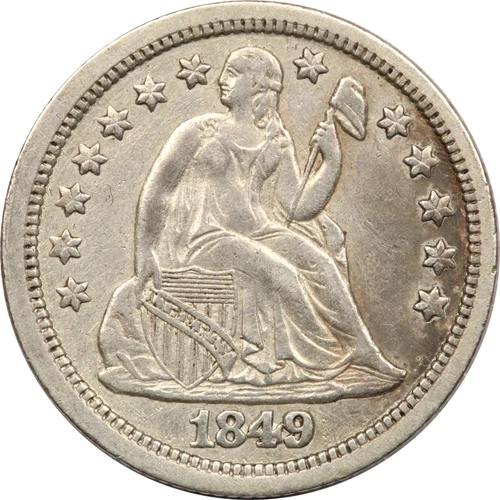 1849 Seated Liberty Dime 10C, About Uncirculated AU, Cleaned