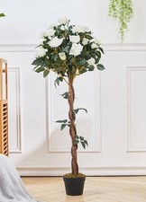 Image of Artificial Faux White Rose Flower Tree Plant in Pot Indoor Outdoor - 120cm - NEW