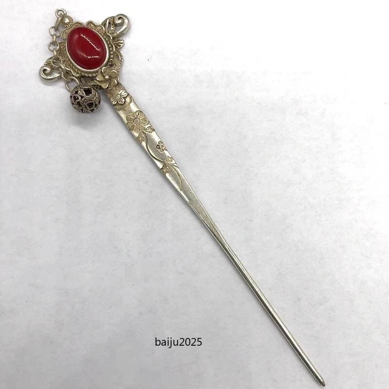 Horquilla antigua tibetana plateada con incrustaciones de jade rojo, hecha artesanal china antigua Foto 2 de 4