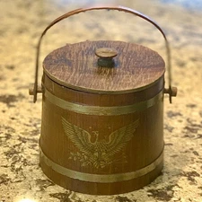 Basketville Firkin Wood Bucket with Lid Sugar Flour Pantry Meyercord Eagle 1940s