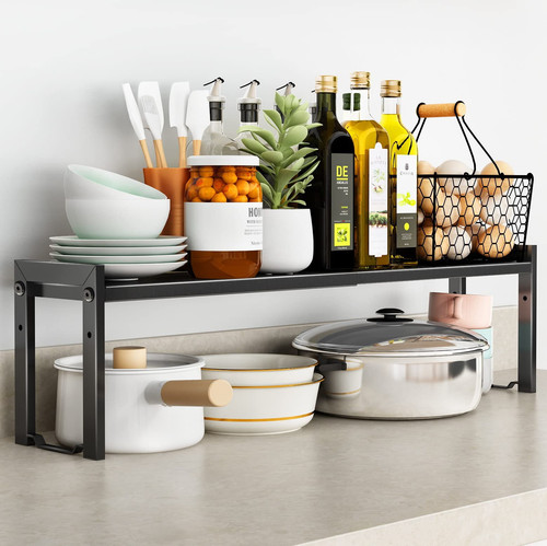 Expandable Cabinet Shelf Organizer 16-26" L Stackable Kitchen Counter Shelf R...