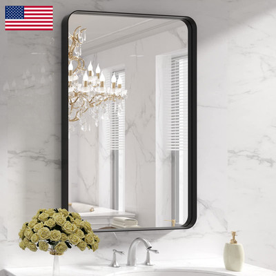 Loaao Black Metal Framed Bathroom Mirror For Wall 24X36 Inch Rounded Rectangle