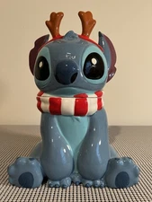 Disney Stitch with Reindeer Antlers Christmas Cookie Ceramic Jar Canister - New
