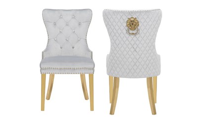 Simba Traditional Gold 2-Piece Dining Chairs, Light Gray Velvet Fabric