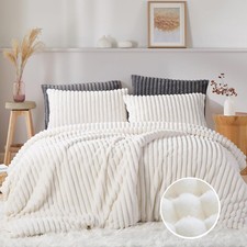 Fluffy Duvet Cover Queen Soft Faux Fur Bedding Set 3Pcs White Velvet Flannel ...