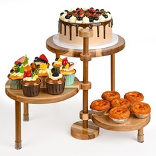 GEHE 3 Tier Round Cupcake Stand, 360  Rotatable Acacia Wood Cake Stand Cupc