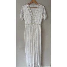 White Floral Lace Crochet Boho Maxi Dress Wed...