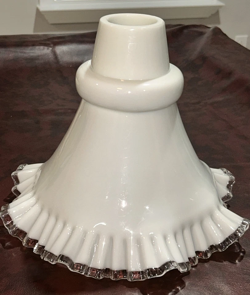 Fenton Art Glass Milk Glass Silver Crest  Ruffles/Crimped Touchier Lamp Shade - Image 3 of 4