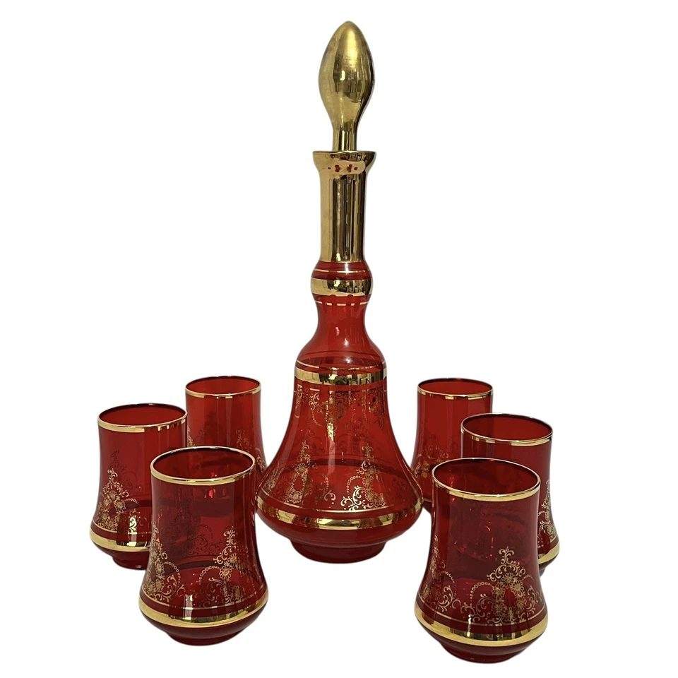Vintage Bohemian Murano Style Ruby Red Gold Overlay Decanter Set 6 Glasses - Image 2 of 4