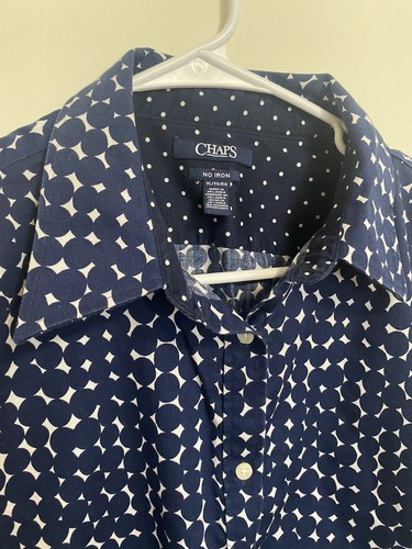 Camisa Chaps Para Mujer XL Sin Hierro Azul Marino Geométrica Con Botones Manga Larga Camisa de Vestir