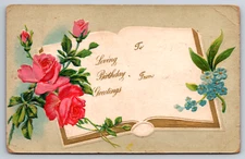 Loving Birthday Greetings Vintage Embossed Postcard Book To From Roses Flowers