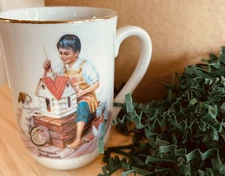 White Gold Ceramic Cup Norman Rockwell Museum "Dollhouse for Sis" Mug Gift