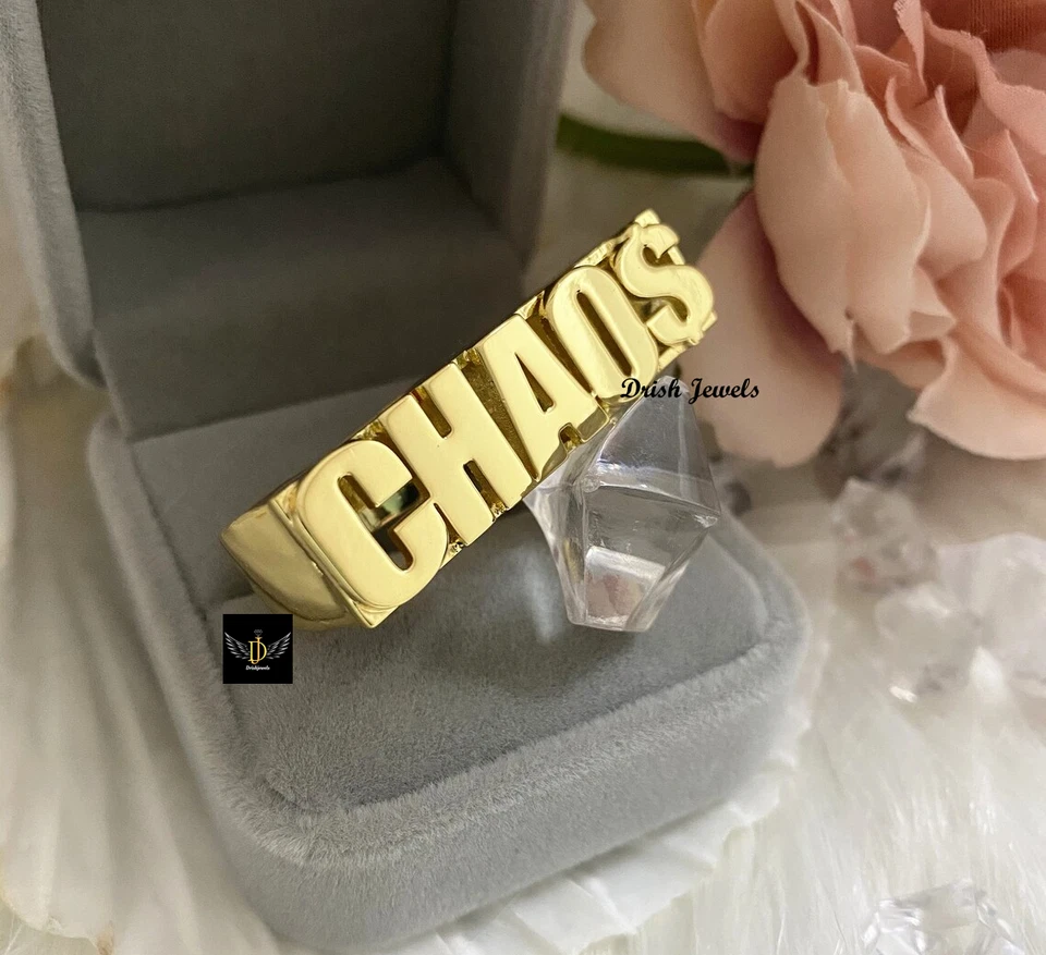 Твердый металл мужской заказ письмо имя 2 пальца кольцо 14K желтое золото покрытием серебра - Изображение 3 из 4