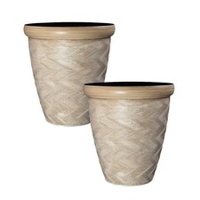 2Pc Round Beige Plant Pot Patterned Rim 33cm Outdoor 14L Tall Woven Glos Planter