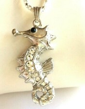 Crystal Seahorse Necklace Silver Plated 20" Sea Life Island Beach 2 Sided Hearts