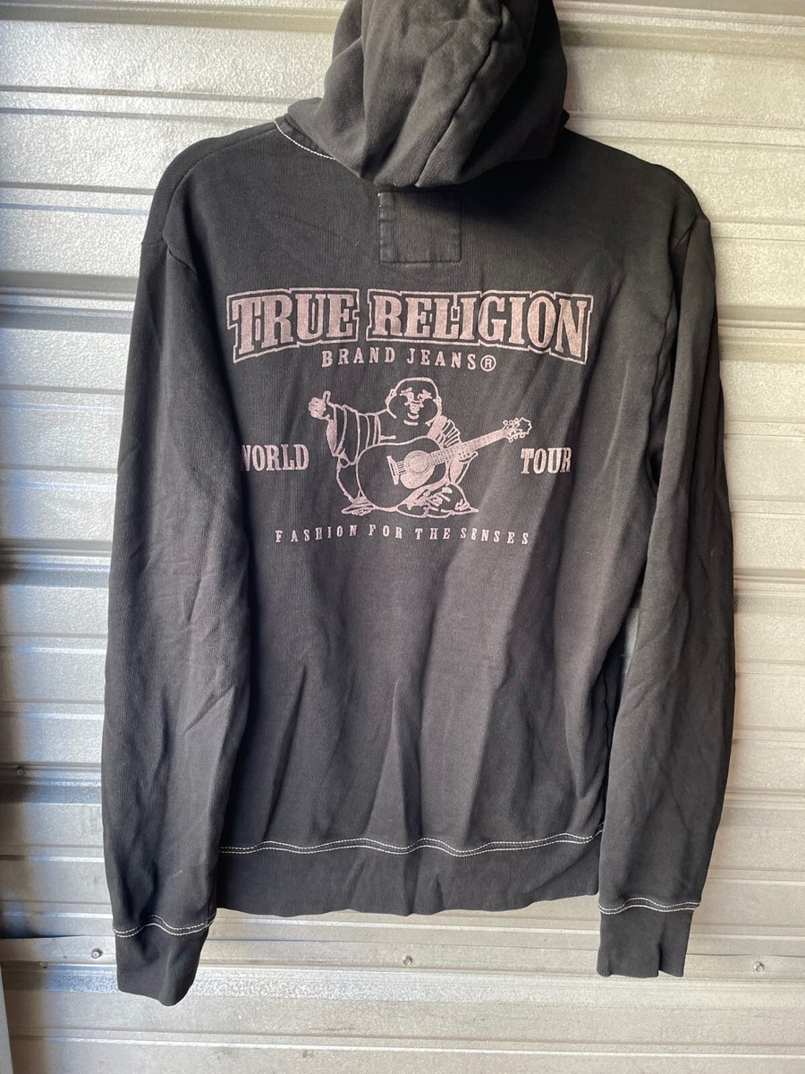 True Religion World Tour Full Zip Black Hoodie Sweatshirt Logo 
