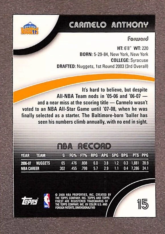 2007 Topps Finest Basketball #15 Carmelo Anthony - Denver Nuggets - Image 2 of 3