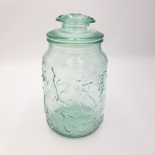 Vintage Libbey Glass Orchard Fruit Embossed Green Glass Canister w Lid 9 1/2" - 第 1/2 張圖片