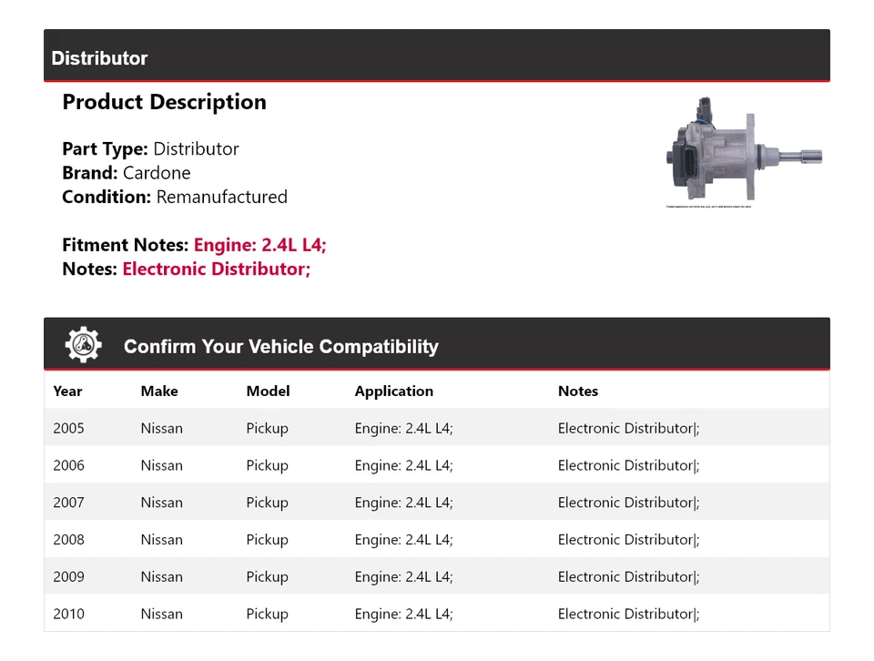 Para camioneta Nissan 2005-2010 2,4 L L4 distribuidor Cardone 2006 2007 2008 2009 Foto 2 de 4