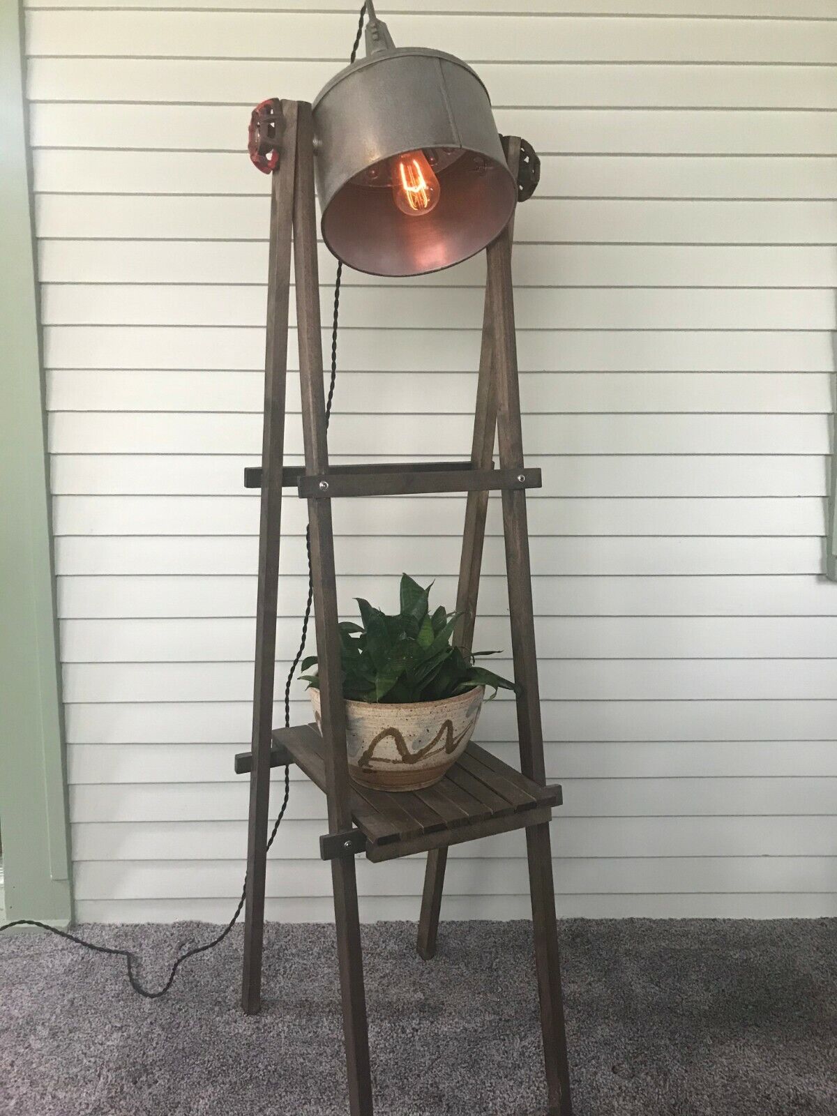 VINTAGE GALVANIZED FUNNEL plant stand lamp, upcycled shabby sheek