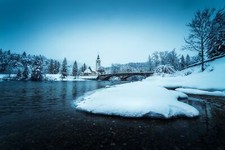 Landscape winter water bridge slovenia blue snow river Custom Gaming Mat Desk