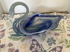 Vintage Blue Green Swirls Murano Style Hand Blown Art Glass Swan Bowl Dish