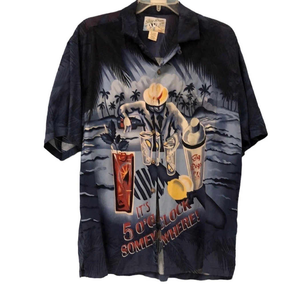 Big Dogs Beach All Over Print Hawaiian Shirt sz S 5 o'clock somewhere bartender