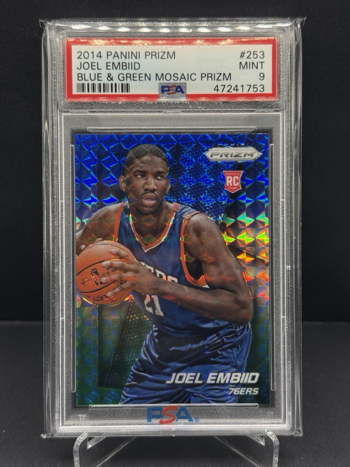 2014 Panini Prizm Blue Green Mosaic Prizm Joel Embiid #253 PSA 9