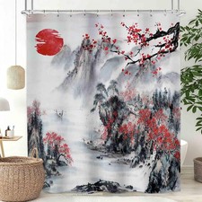 Japanese Traditional Ink Painting Shower Curtain Cherry Blossoms 72x72 Inch