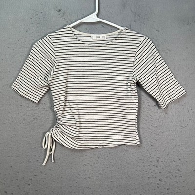 Mango Womens XS Striped Ruched-Side Ribbed Top Black & White Knit Short Sleeve