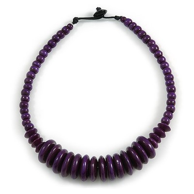 Deep Purple Button, Round Wood Bead Wire Necklace - 46cm L
