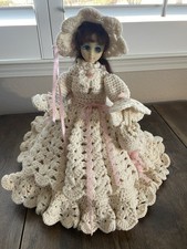 Vintage Plastic Doll Crochet Dress W/Hat  Handbag W/stand 16  Blue Eyes Read